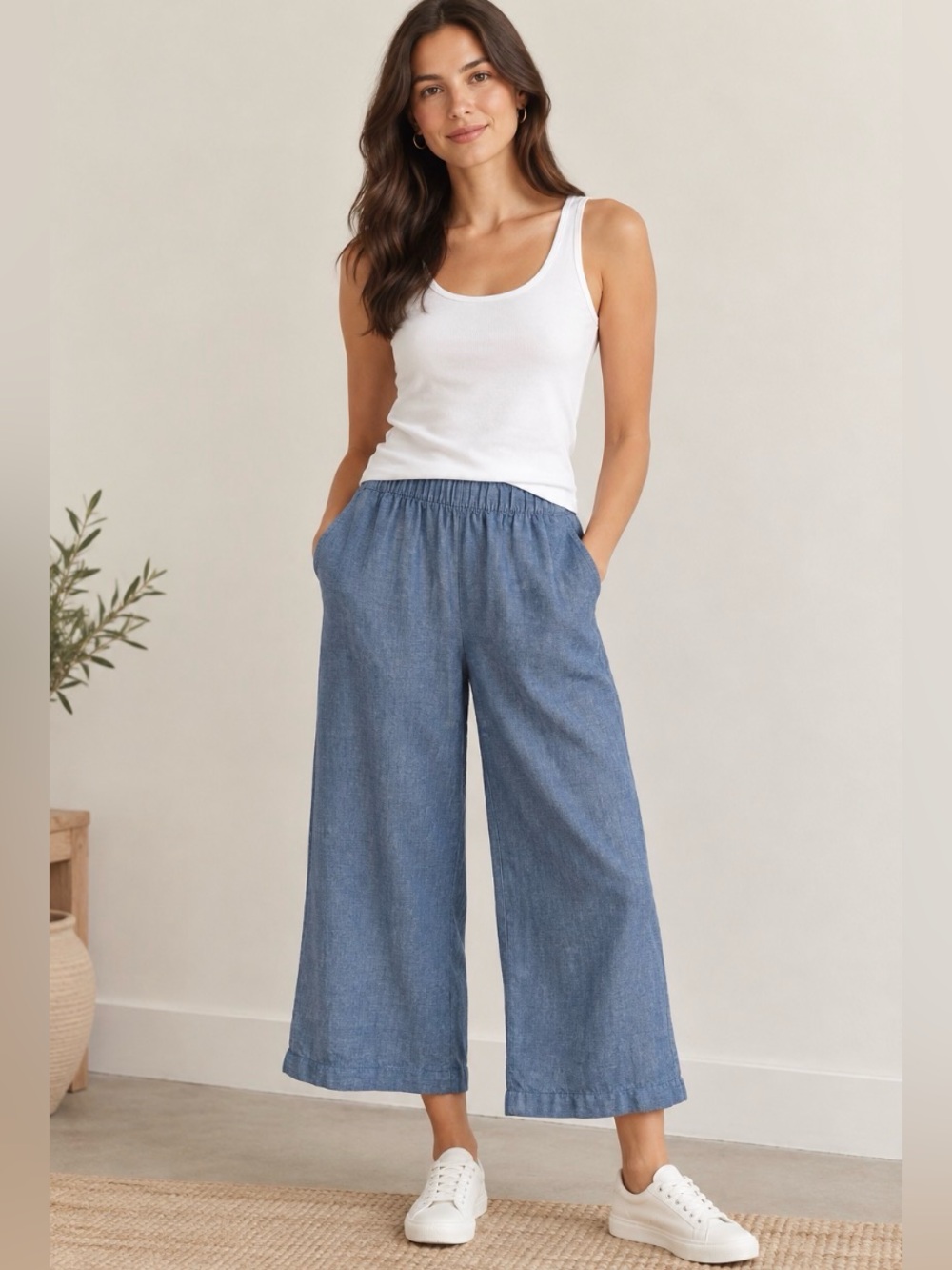Cynthia Rowley 100% Linen Blue Elastic Waist Wide-Leg Cropped Pants – Size M
